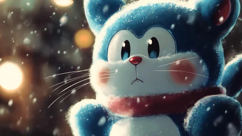 Blue cartoon cat stands in falling snow with soft lighting
