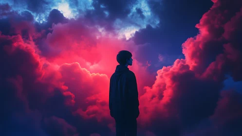 Nebula-lit wanderer pauses where thunderclouds learn to glow