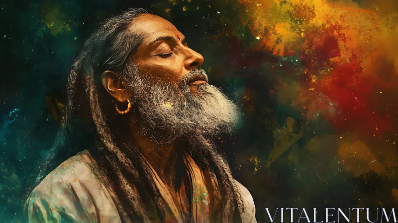 Meditating elder dissolves into cosmic swirling nebula light