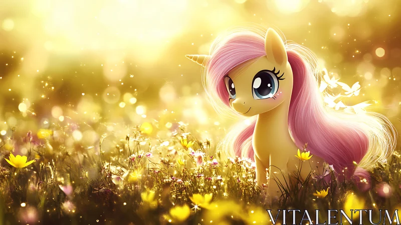 Luminous pastel unicorn filly in volumetric meadow light.