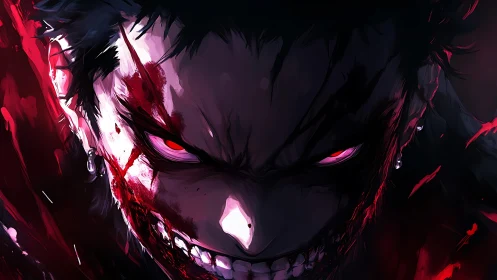 Bloodlit demon grin carving through the darkness of rage.
