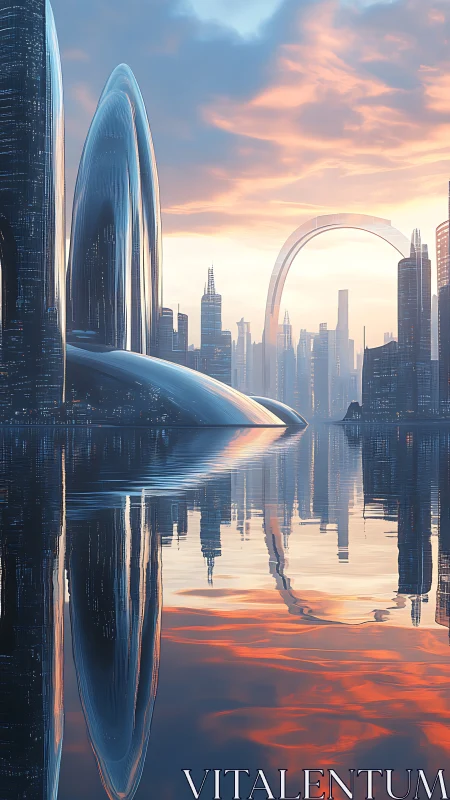 Futuristic Urban Waterfront with Parametric Architecture and Luminous Skyline at Dusk