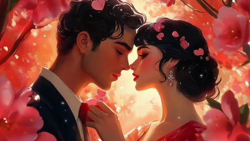 Romantic couple shares intimate moment amid rose petals.