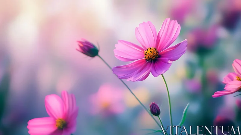 Soft Focus Cosmos Blooms in Pastel Pink and Purple Hues.