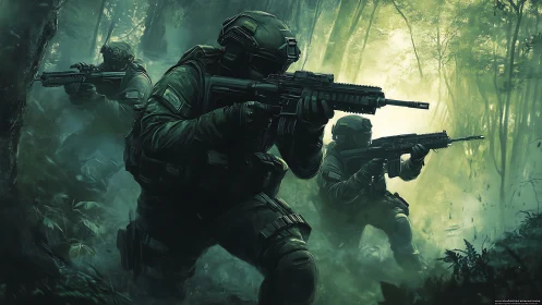 Tactical infantry squad advancing through dense misted jungle