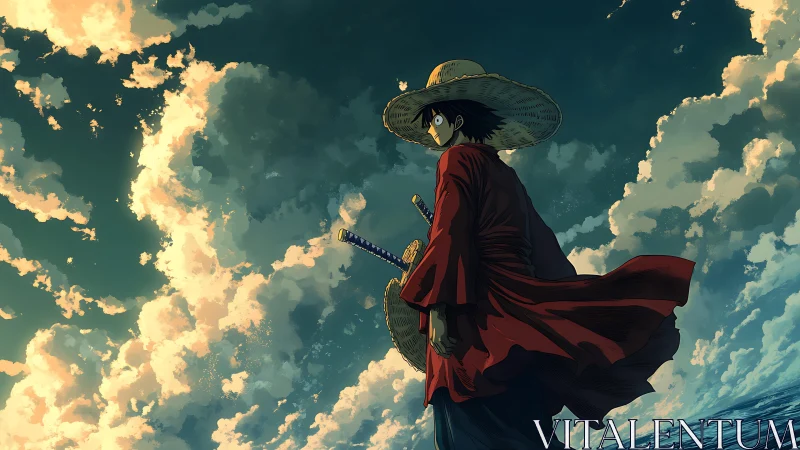 Straw-hatted figure stands against low-angle clouded sky