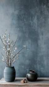 Quiet blue pottery and blossom branches create gentle calm
