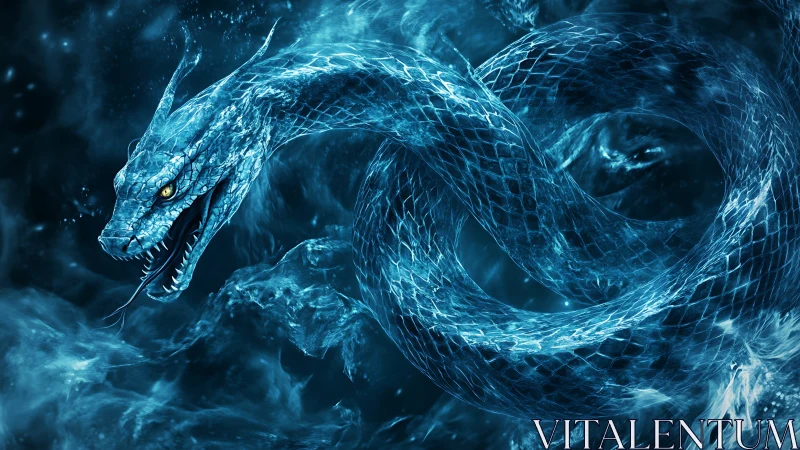 Mythic ice serpent coils through swirling blue mist