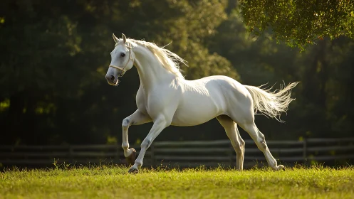 White horse gallops across sunlit pasture at golden hour.