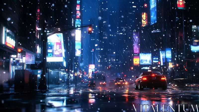 Neon snowflakes chase a lone taxi through midnight avenues