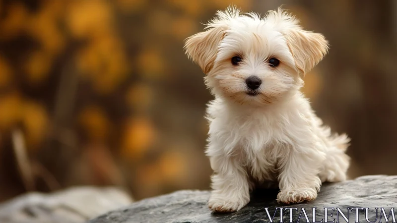 Small fluffy white puppy sitting on a rock outdoors.