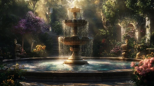Sunlit fountain serenade in a secret blooming courtyard.