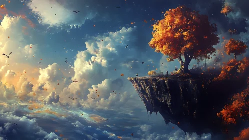 Floating Island with Golden Tree in Celestial Dreamscape.
