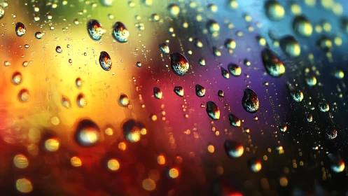 Raindrops cling to glass over vibrant blurred city lights