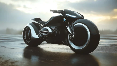 Futuristic BMW concept motorcycle stands on wet runway surface