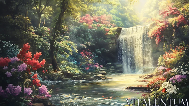 Sunlit forest waterfall pours into flower framed pool