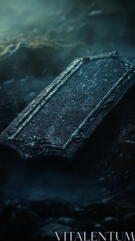 Weathered stone coffin lid in misty, low-key grave trench
