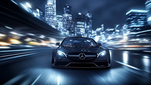 Cinematic front-view luxury coupe in motion blur nightscape.