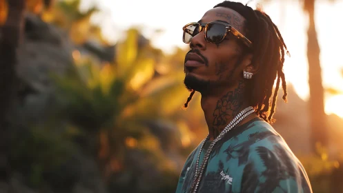 Sunlit portrait of tattooed man in shallow depth-of-field ambience