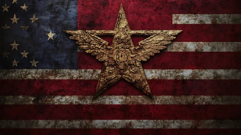 Winged bronze star carves grit into a weathered flag field