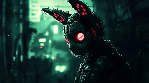 Cyberpunk rabbit-headed enforcer in neon-soaked alleyway portrait.