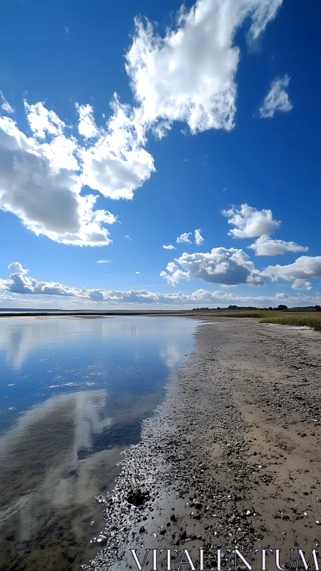 Calm tidal shoreline reflects vast clouds under clear blue sky