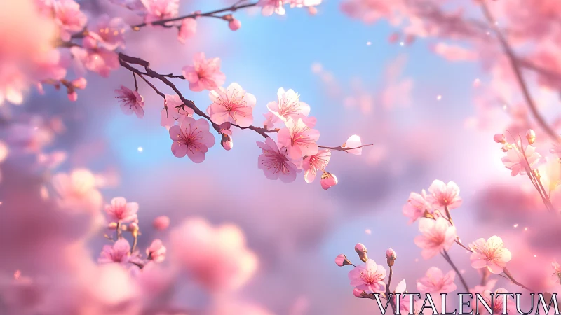 Cherry Blossoms Against Blue Sky With Soft Focus Bokeh.