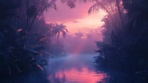 Neon dusk over misty tropical river and dense jungle.