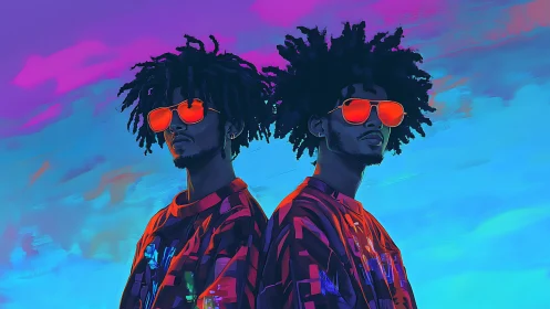 Neon-lit twin portraits pulse with cool futuristic energy