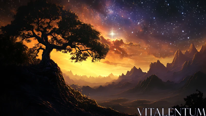 Solitary tree overlooks a luminous sunset over jagged peaks