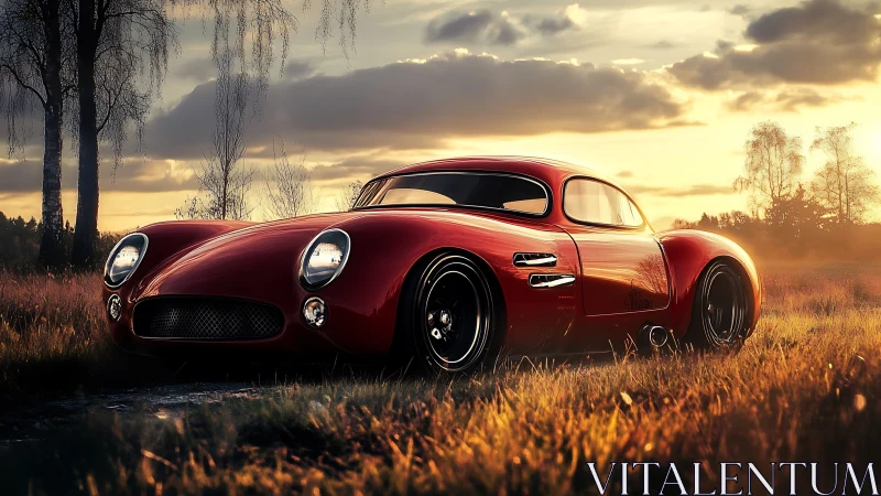 Red coupe stands in grassland under low sunset illumination