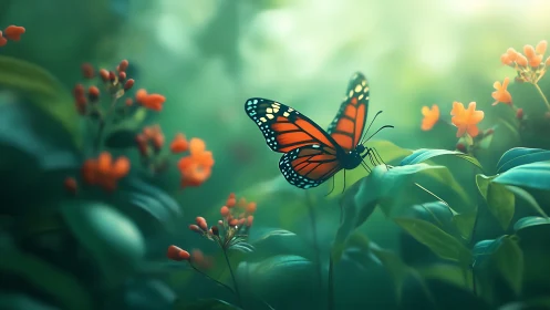 Monarch butterfly hovers above orange flowers in soft focus