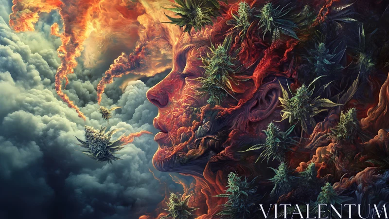 Flaming dreamer dissolves into smoke, stormclouds and leaves.