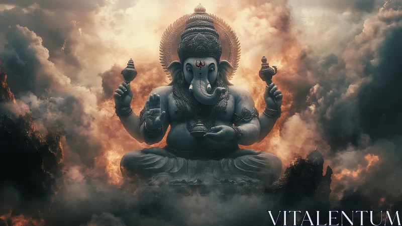 Monumental Ganesha statue rendered in dramatic celestial clouds