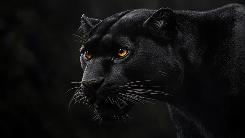 Black Panther Portrait with Luminous Amber Eyes Against Dark Background