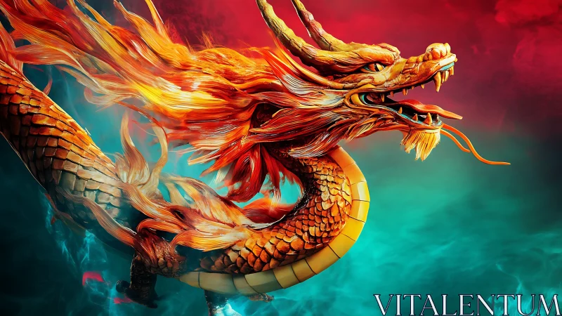 Fiery golden dragon swirling through red and teal mist.