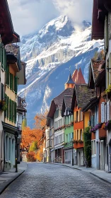 Street in alpine town with colorful houses and distant peaks.