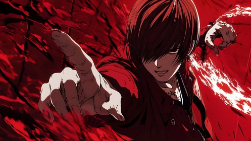 Crimson storm fighter reaching through the chaos of battle.