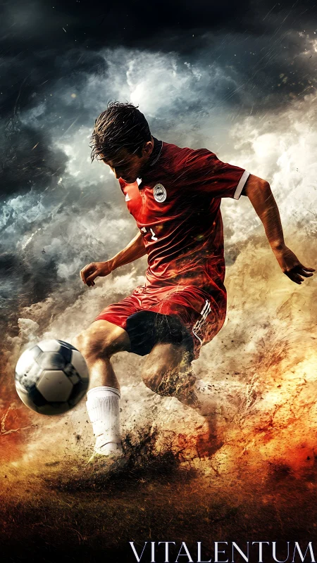 Dynamic football striker in motion with fiery particle effects.