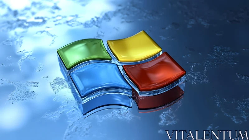 3D Windows Logo on Icy Blue Surface, Digital Art Rendering.
