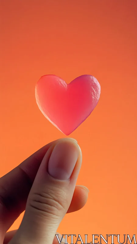 Hand holding translucent heart form against warm gradient background.