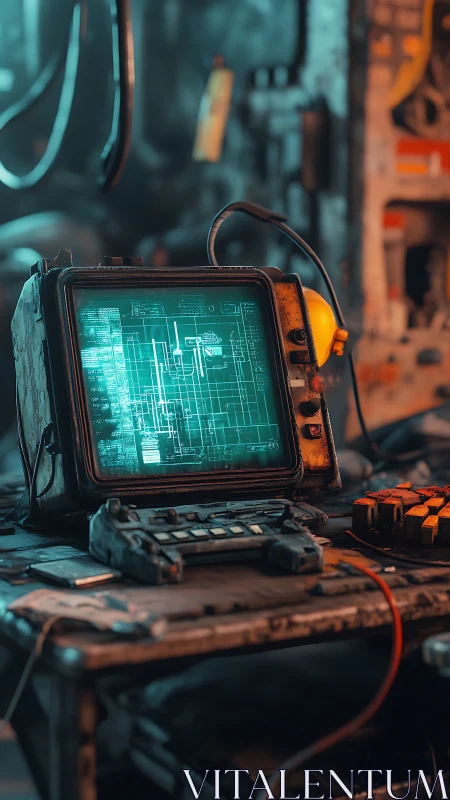 Retro terminal with schematic display in workshop scene.
