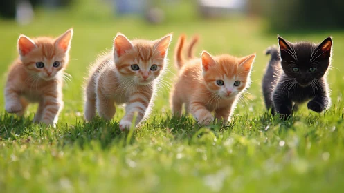 Four Kittens on Dewy Grass Meadow in Sunlight.