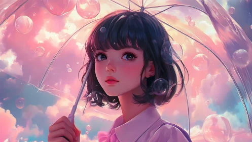 Young figure with umbrella against pastel sky and bubbles.