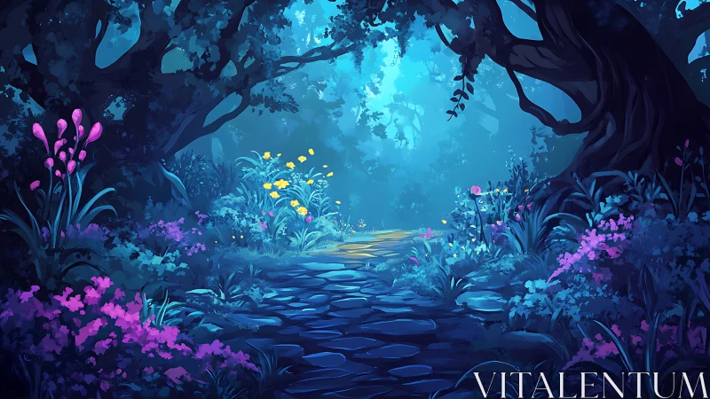 Enchanted Forest Pathway with Bioluminescent Flora and Stream.