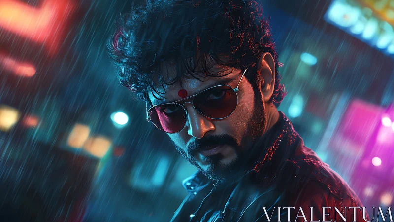 Neon rain crowns the silent vigil of a crimson-marked rebel