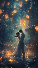 Ethereal couple embraced beneath luminous celestial orbs in mystical aquatic space