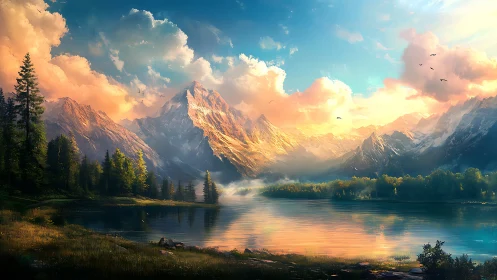 Sunlit alpine lake reflects dramatic snowcapped mountain range