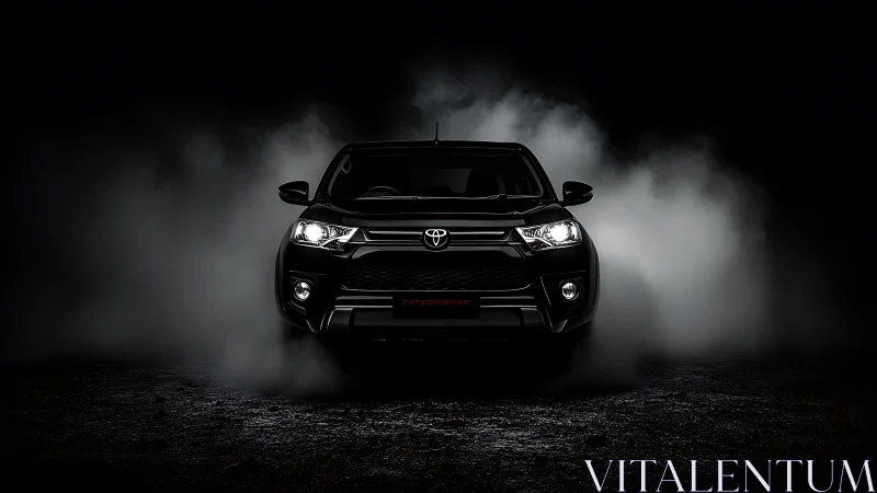 Front-lit black SUV emerging through cinematic studio fog lighting