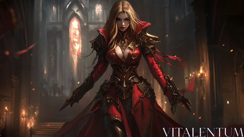 Crimson warlock queen advancing through a burning gothic hall.